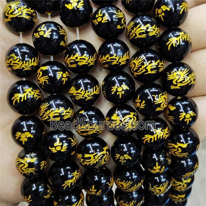 Natural Black Agate Beads Round Carved