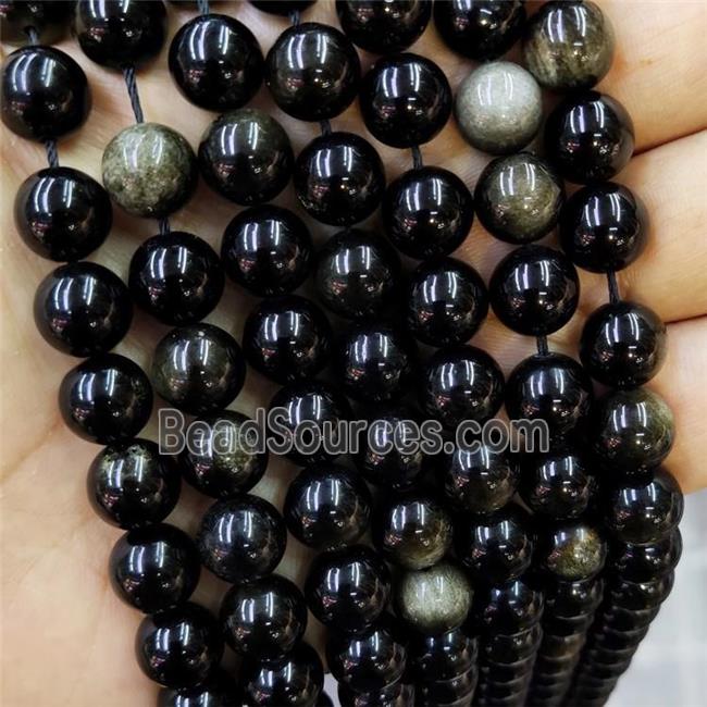 Natural Obsidian Beads Gold Flash Smooth Round