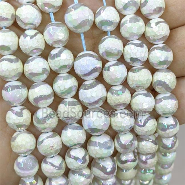 Tibetan Agate Beads White Wave Faceted Round AB-Color Electroplated