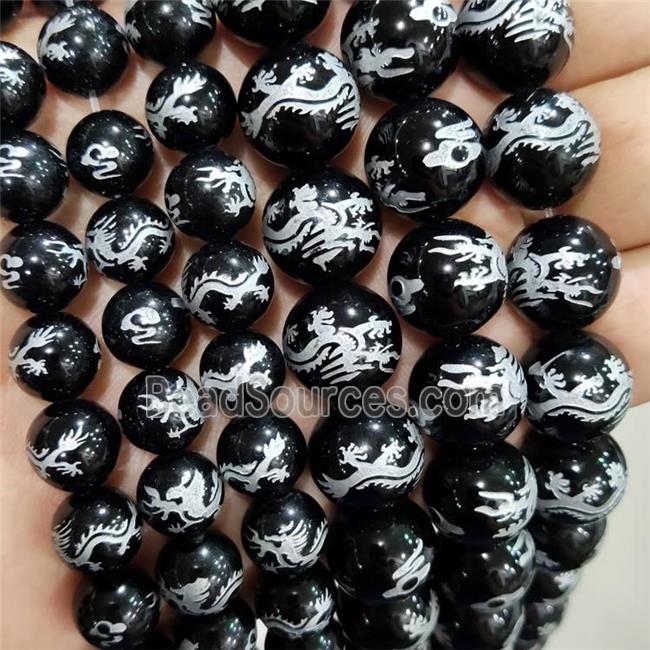 Natural Agate Beads Black Dye Round Carved Dragon