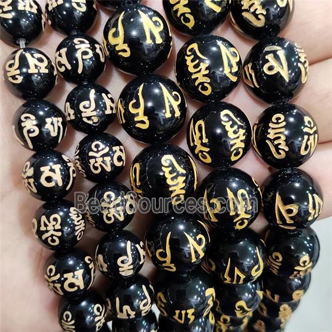 Natural Agate Buddhist Beads Black Dye Round Carved Om Mani Padme Hum