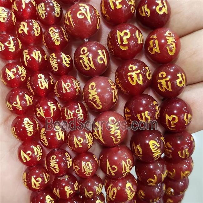 Natural Agate Buddhist Beads Red Dye Round Carved Om Mani Padme Hum