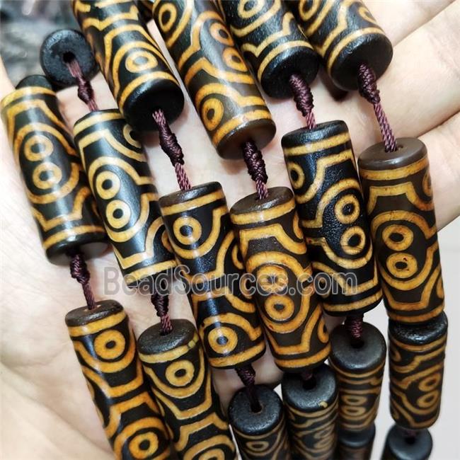 Tibetan Style Agate Column Beads Yellow Evil Eye Black