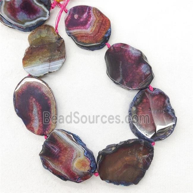 Natural Veins Agate Slice Beads Freeform Fuchsia Dye