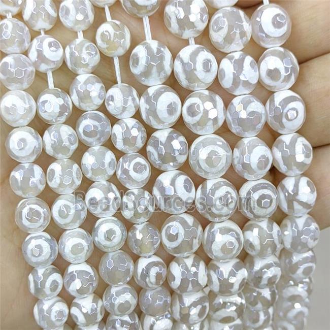 White Tibetan Agate Beads Faceted Round Evil Eye Electroplated