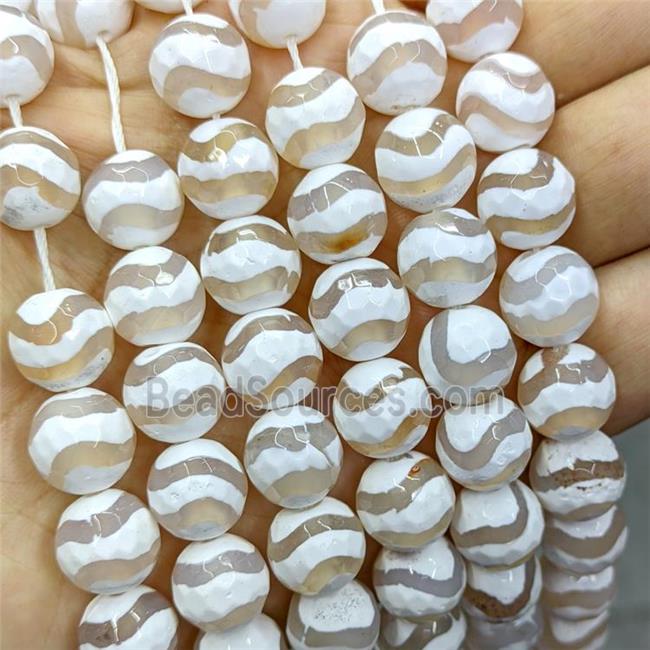 Tibetan Agate Beads Faceted Round Wave White B-Grade