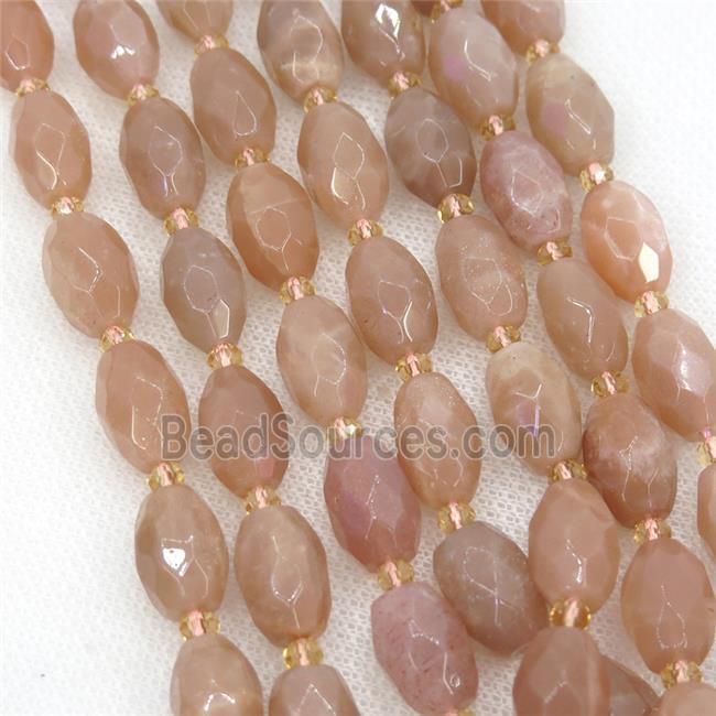 peach moonstone beads, faceted rice