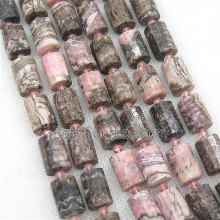 Brazilian Rhodonite tube Beads, faceted cylinder