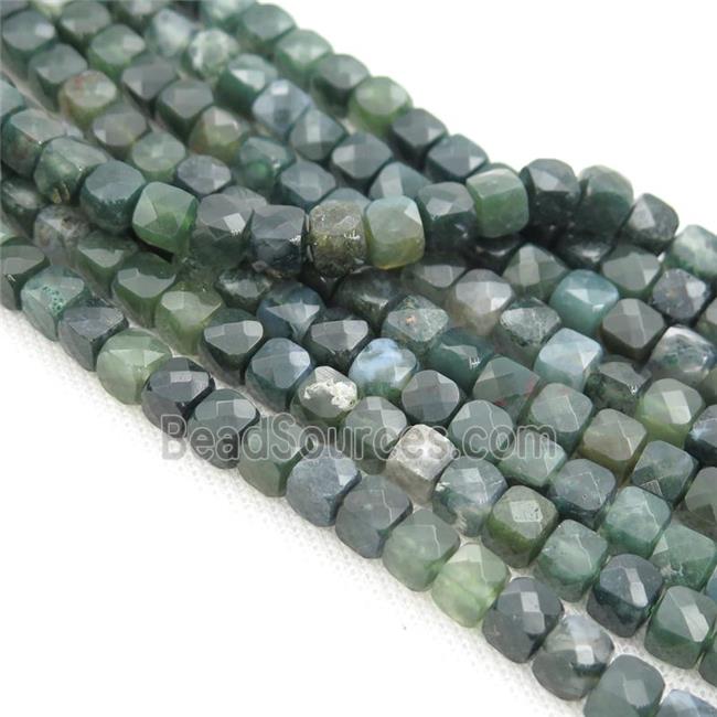 green Moss Agate Beads, faceted cube