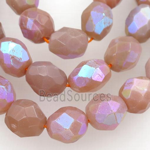 peach MoonStone beads, faceted rice, AB-color electroplated