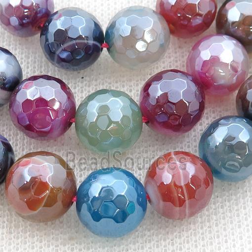 mix color striped Agate beads, faceted round, light electroplated