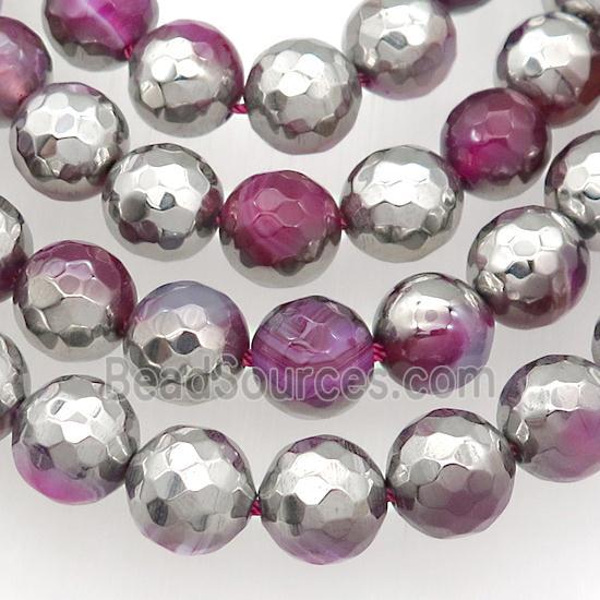 striped Agate beads, faceted round, half silver electroplated