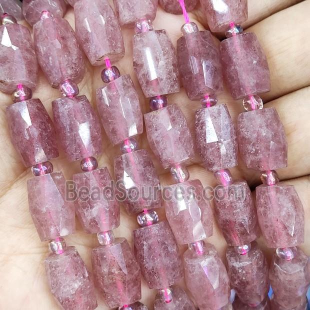 pink Strawberry Quartz Beads, faceted barrel