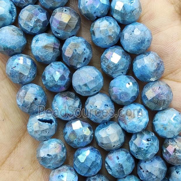 Blue Agate Druzy Geode Beads Faceted Round Electroplated