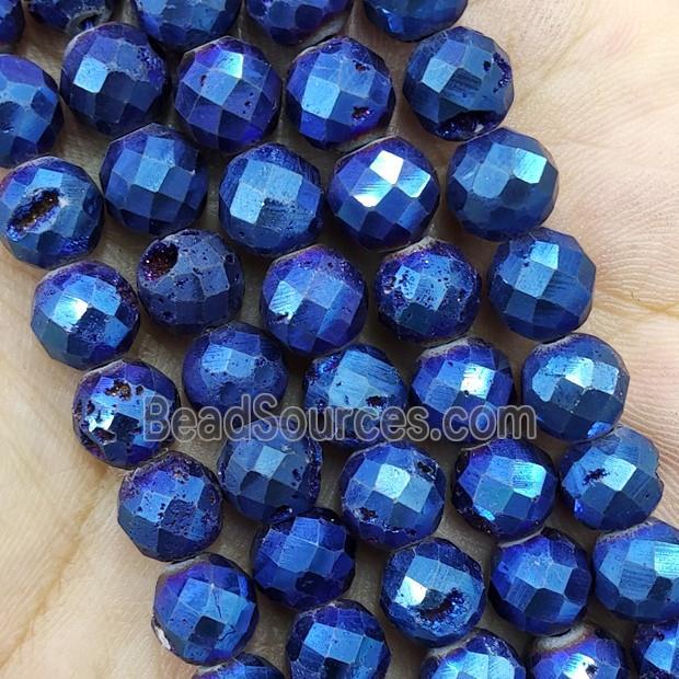 Blue Agate Druzy Geode Beads Faceted Round Electroplated