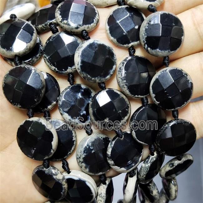 Black Agate Beads Faceted Coin