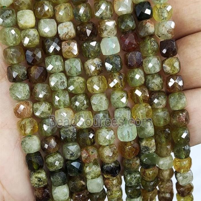 Natural Garnet Beads Green Faceted Cube