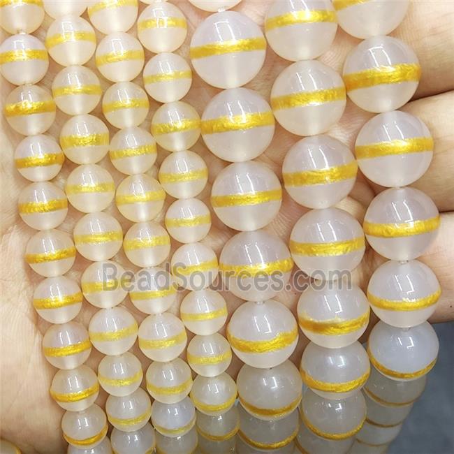 White Tibetan Style Agate Beads Smooth Round Gold Line
