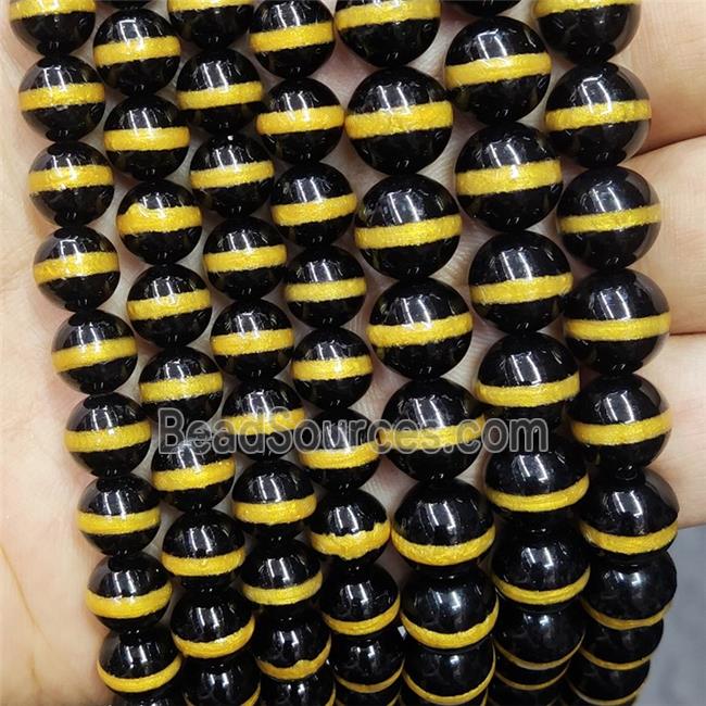 Black Tibetan Style Agate Beads Smooth Round Gold Line