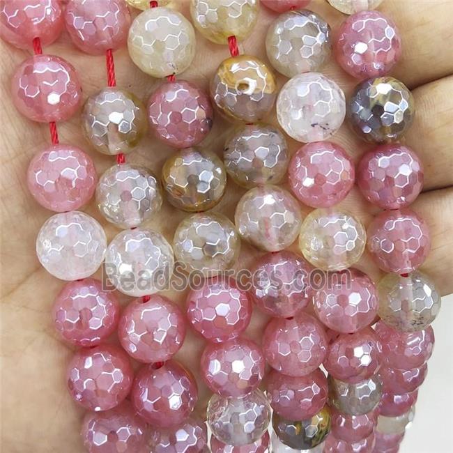 Pink Synthetic Quartz Beads Faceted Round Tigerskin Electroplated