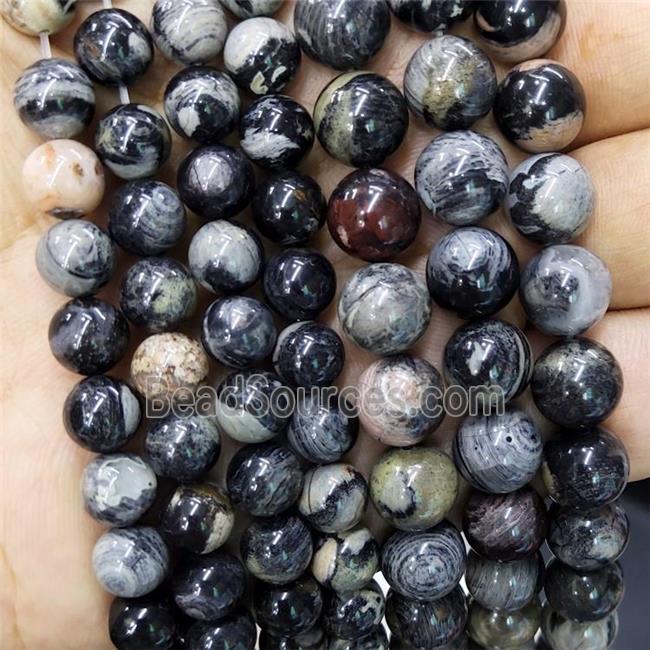 Black Silver Leaf Jasper Beads Smooth Round