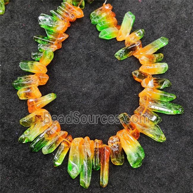 Natural Crystal Quartz Stick Beads Orange Green Dye Dichromatic Polished