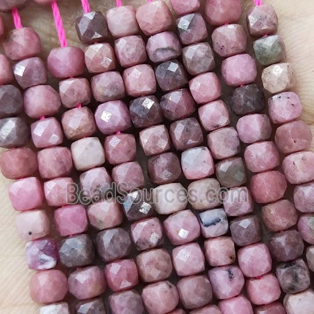 Natural Chinese Rhodonite Beads Pink Faceted Cube