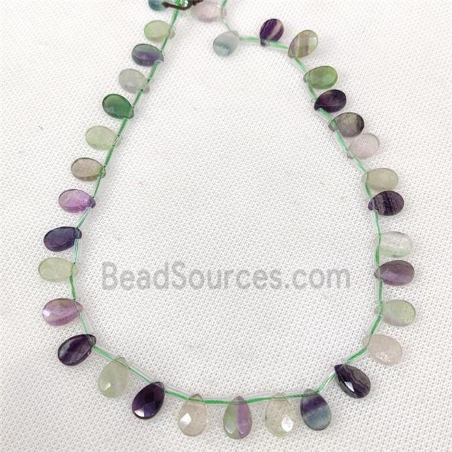 Natural Fluorite Beads Multicolor Faceted Teardrop Topdrilled