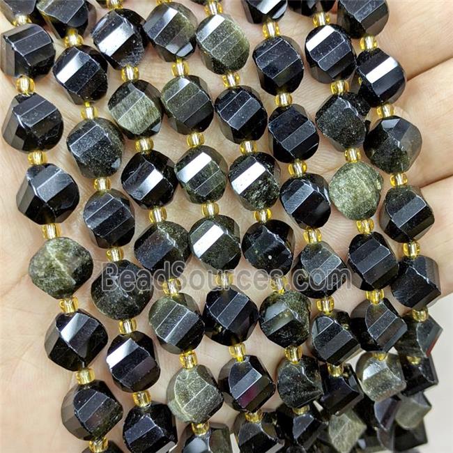 Natural Obsidian Twist Beads S-Shape Faceted Gold Flash