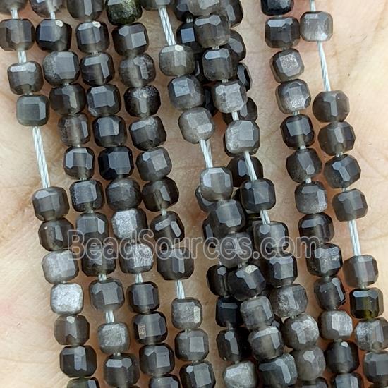 Natural Obsidian Beads Silver Flash Faceted Cube