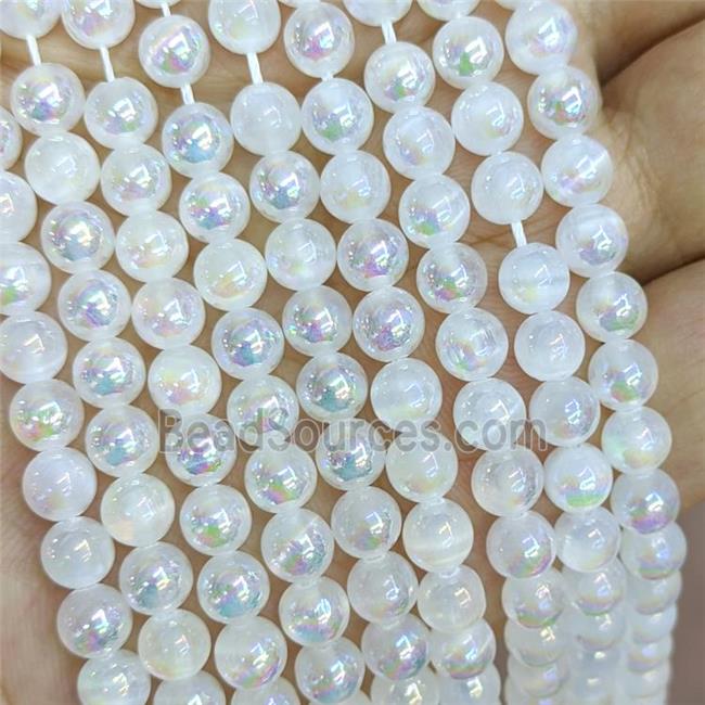 Natural White Selenite Beads Smooth Round AB-Color Electroplated