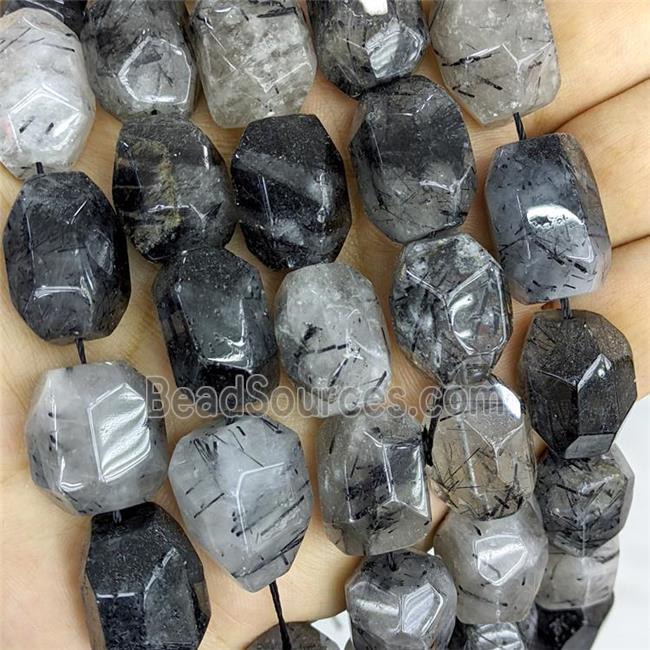 Natural Black Rutilated Quartz Nugget Beads Freeform Faceted