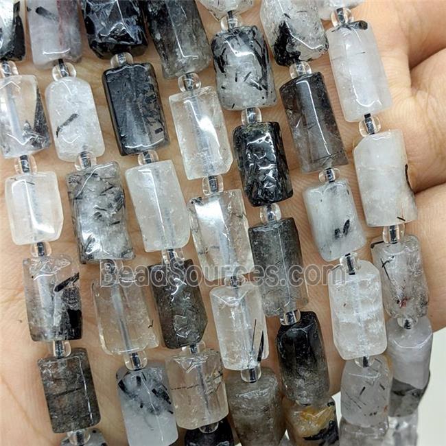 Natural Black Rutilated Quartz Tube Beads