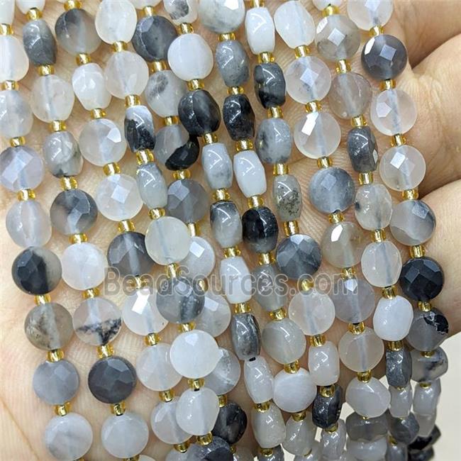 Gray Cloudy Quartz Beads Faceted Coin