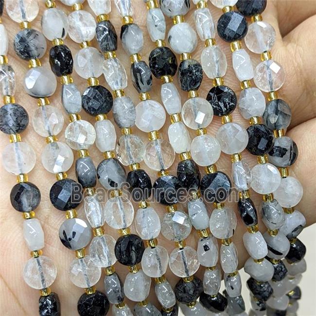 Natural Black Rutilated Quartz Beads Faceted Coin