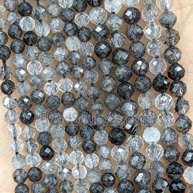 Natural Black Rutilated Quartz Beads Faceted Round