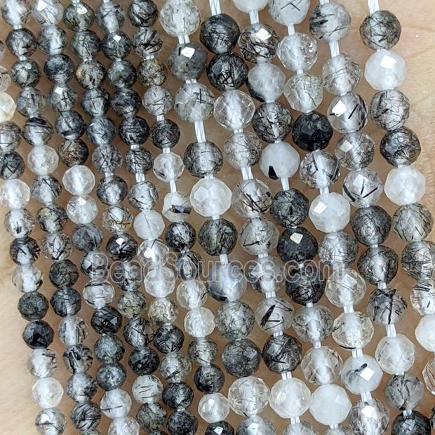 Natural Black Rutilated Quartz Beads Faceted Round