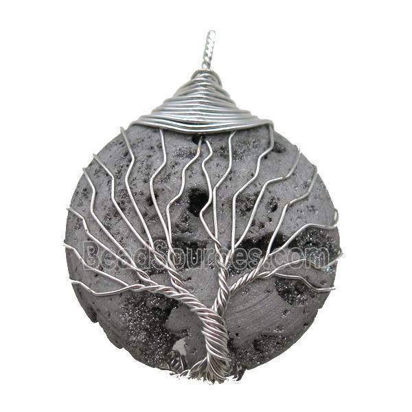 silver Agate Druzy circle pendant wire warpped tree of life