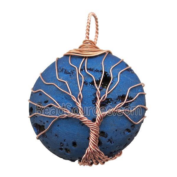 blue electroplated Agate Druzy circle pendant wire warpped tree of life