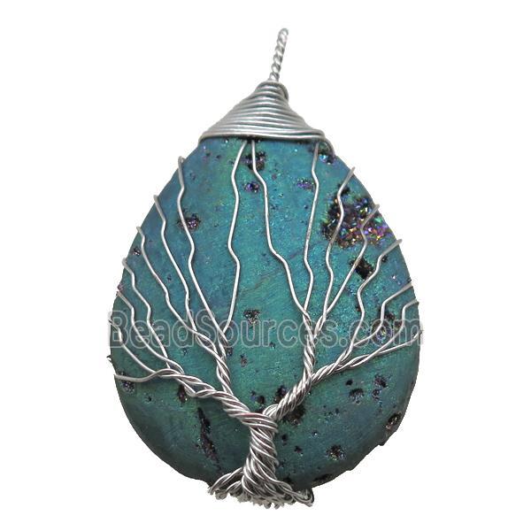 green electroplated Agate Druzy teardrop pendant wire warpped tree of life