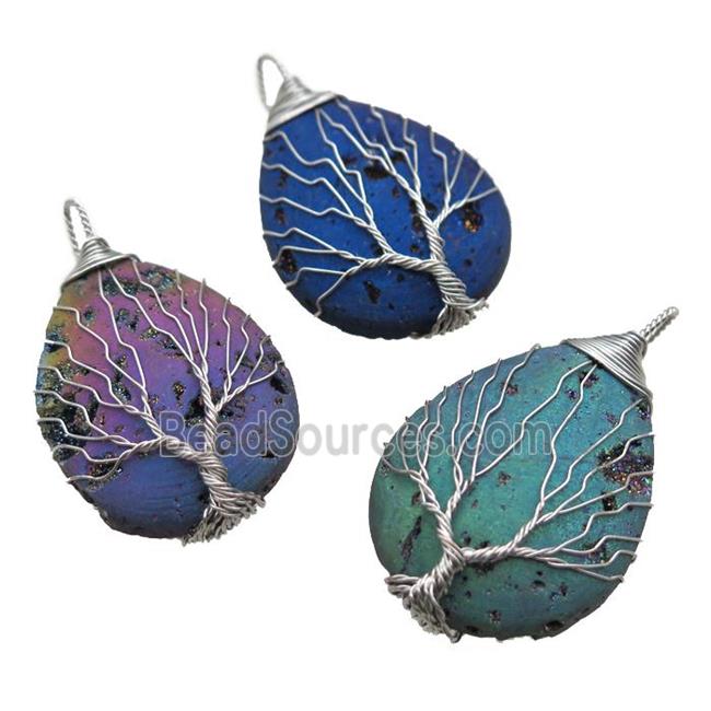 Agate Druzy teardrop pendant wire warpped tree of life, mixed color