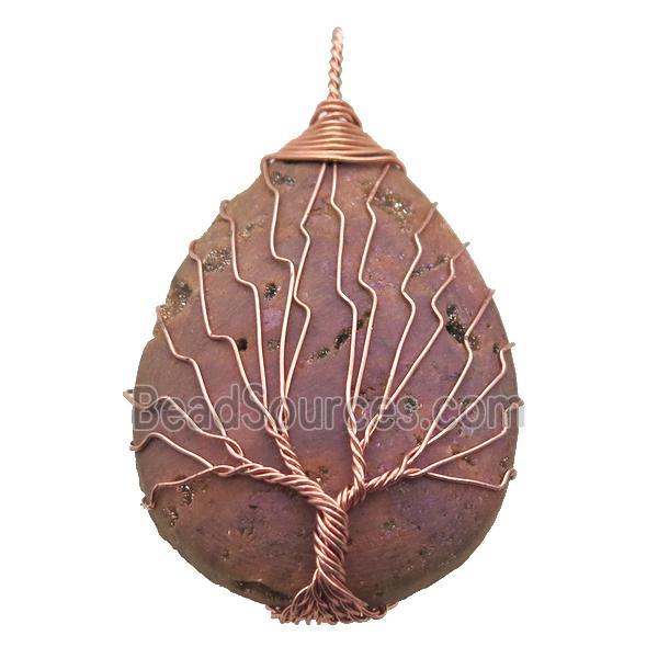 champagne Agate Druzy teardrop pendant wire warpped tree of life