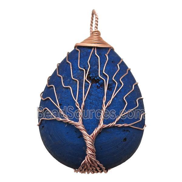 blue electroplated Agate Druzy teardrop pendant wire warpped tree of life