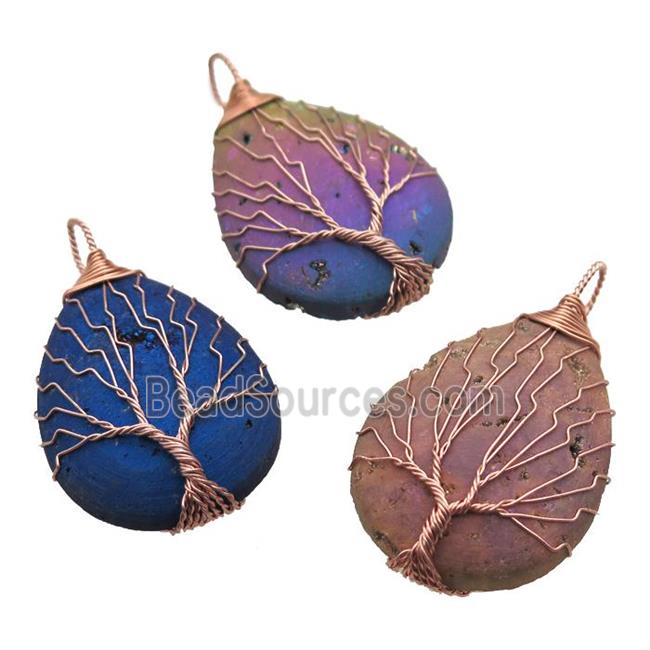 mixed Agate Druzy teardrop pendant with warpped tree of life, rose gold