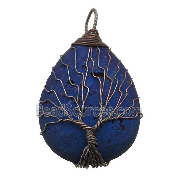 blue Agate Druzy teardrop pendant wire warpped tree of life