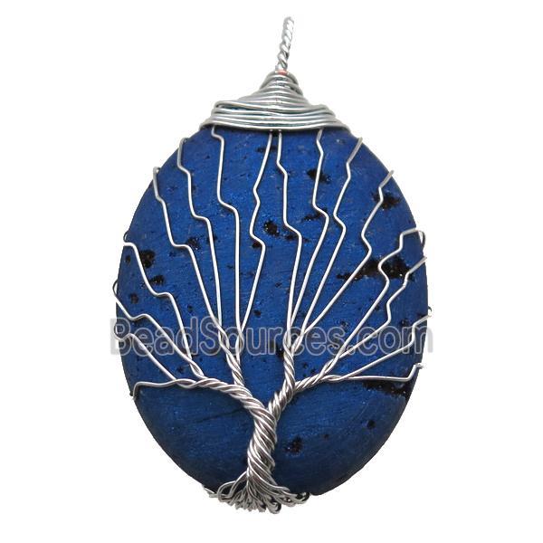 blue electroplated Agate Druzy oval pendant wire warpped tree of life