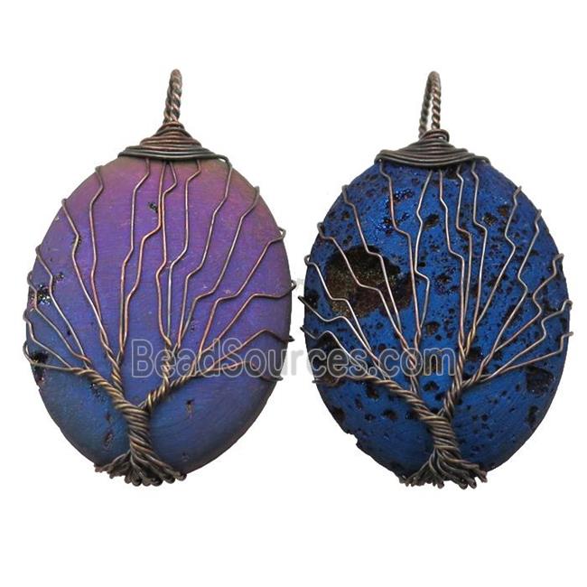 mixed Agate Druzy oval pendant wire warpped tree of life