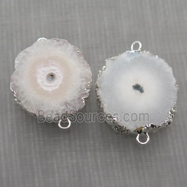 white Solar Quartz Druzy slab connector, freeform, silver plated