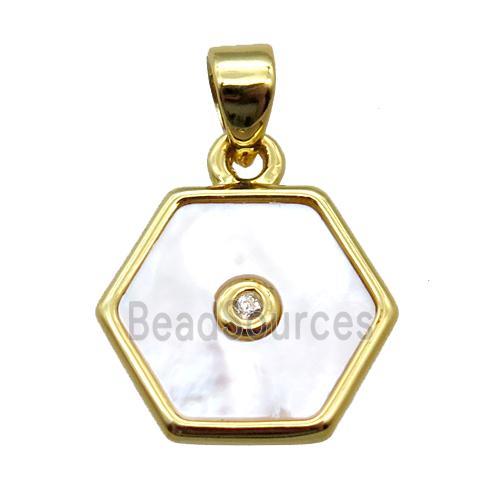 white Pearlized Shell hexagon pendant, gold plated