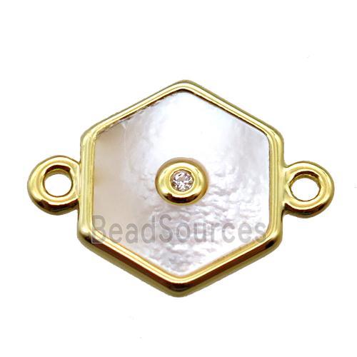 white Pearlized Shell hexagon connector, gold plated